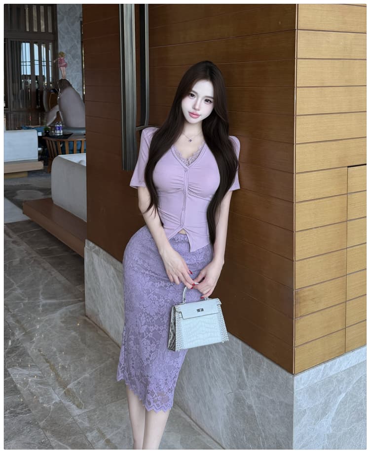 순수한 욕망 바람 레이스 조각 반팔 티셔츠 여성 셔츠 여성 타이트 스커트 반신 중간 스커트 패션 투피스 세트 빛 요리 한 바람 여름 상세 이미지 16