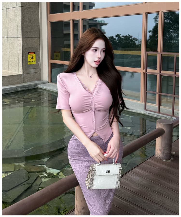순수한 욕망 바람 레이스 조각 반팔 티셔츠 여성 셔츠 여성 타이트 스커트 반신 중간 스커트 패션 투피스 세트 빛 요리 한 바람 여름 상세 이미지 19