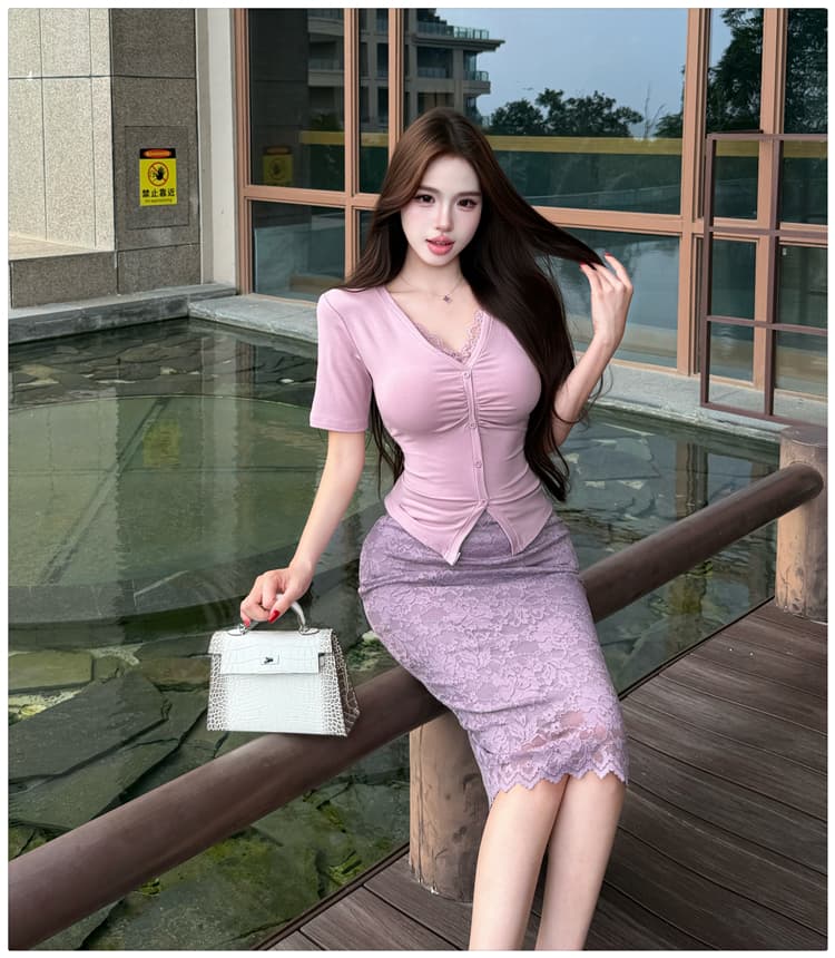 순수한 욕망 바람 레이스 조각 반팔 티셔츠 여성 셔츠 여성 타이트 스커트 반신 중간 스커트 패션 투피스 세트 빛 요리 한 바람 여름 상세 이미지 20