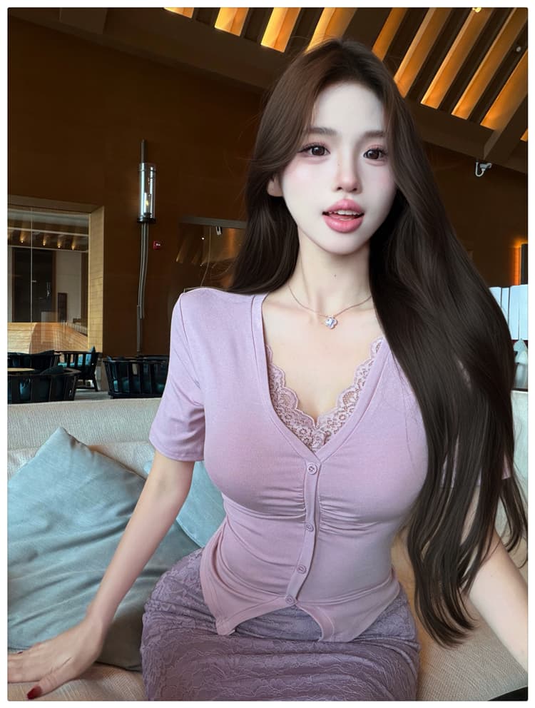 순수한 욕망 바람 레이스 조각 반팔 티셔츠 여성 셔츠 여성 타이트 스커트 반신 중간 스커트 패션 투피스 세트 빛 요리 한 바람 여름 상세 이미지 21