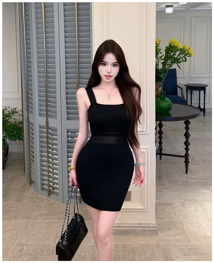 검정색 자이언트 슬림해 보이는 섹시함 다용도 시스루 품격 니트 캐미솔 여성 드레스 순수한 욕망 바람 타이트 스커트 미니 스커트 상세 이미지 9