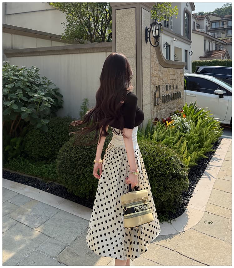 프랑스식 레트로 디자인 센스 검정색 블라우스 인사이드 가져 가라. 조끼 맨위 도트 무늬 반신 스커트 품격 슬림해 보이는 3종 세트 여름 상세 이미지 11
