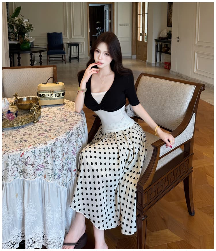 프랑스식 레트로 디자인 센스 검정색 블라우스 인사이드 가져 가라. 조끼 맨위 도트 무늬 반신 스커트 품격 슬림해 보이는 3종 세트 여름 상세 이미지 14