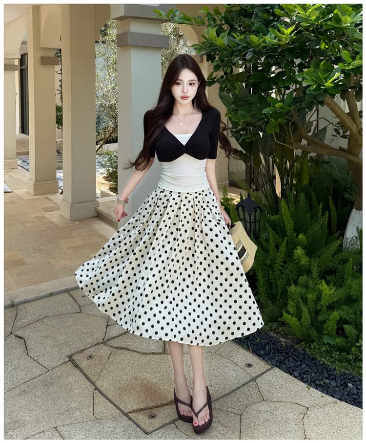 프랑스식 레트로 디자인 센스 검정색 블라우스 인사이드 가져 가라. 조끼 맨위 도트 무늬 반신 스커트 품격 슬림해 보이는 3종 세트 여름 상세 이미지 17
