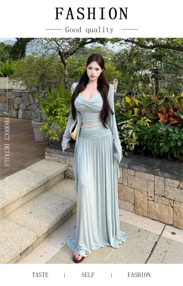 2026 이른 가을 새로운 느긋한 바람 매듭 주름 튜브탑 슬립 자외선 차단 오픈 가디건 반신 스커트 3종 세트 순수한 욕망 상세 이미지 1