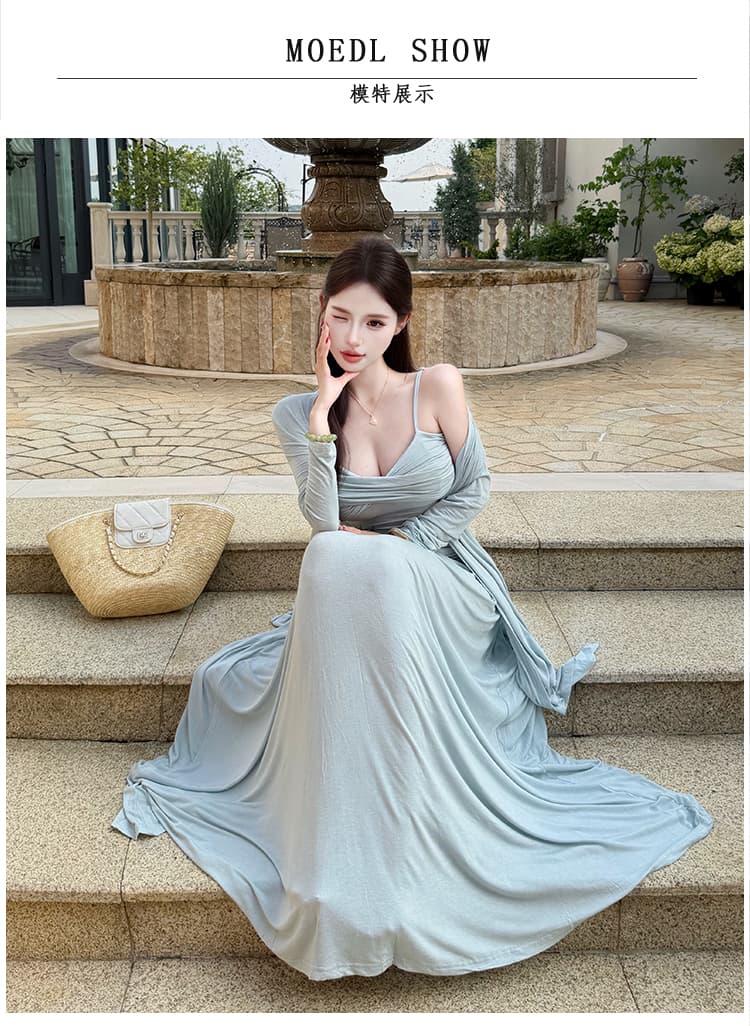 2026 이른 가을 새로운 느긋한 바람 매듭 주름 튜브탑 슬립 자외선 차단 오픈 가디건 반신 스커트 3종 세트 순수한 욕망 상세 이미지 6