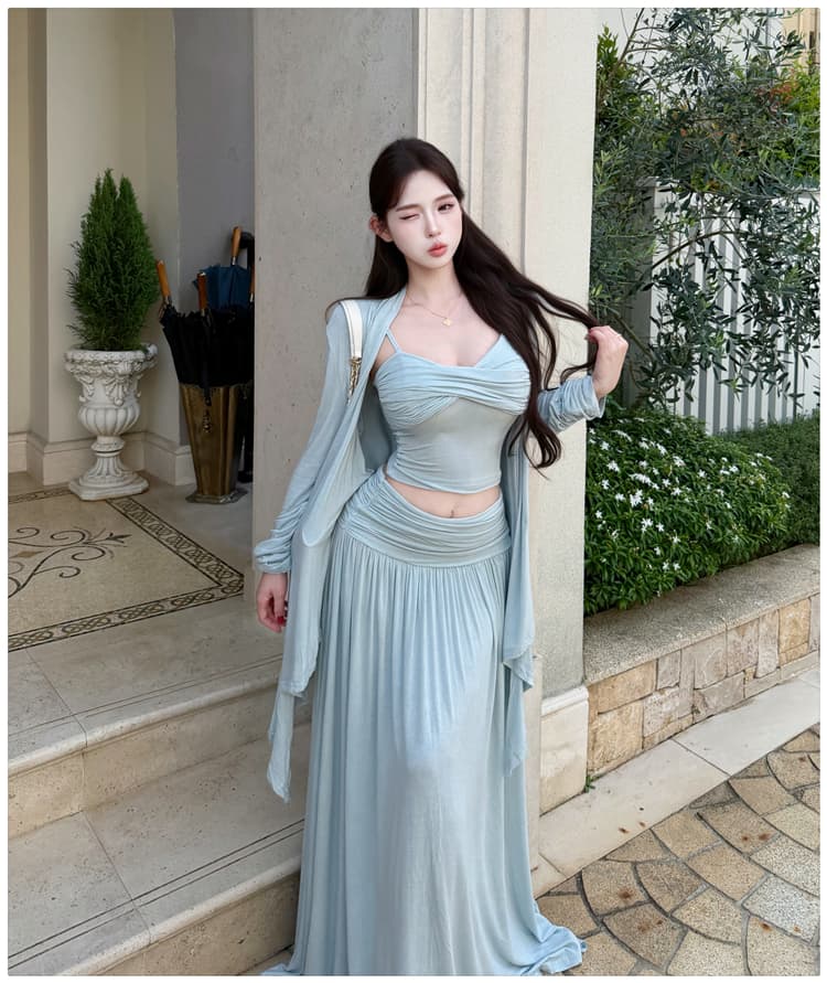 2026 이른 가을 새로운 느긋한 바람 매듭 주름 튜브탑 슬립 자외선 차단 오픈 가디건 반신 스커트 3종 세트 순수한 욕망 상세 이미지 13