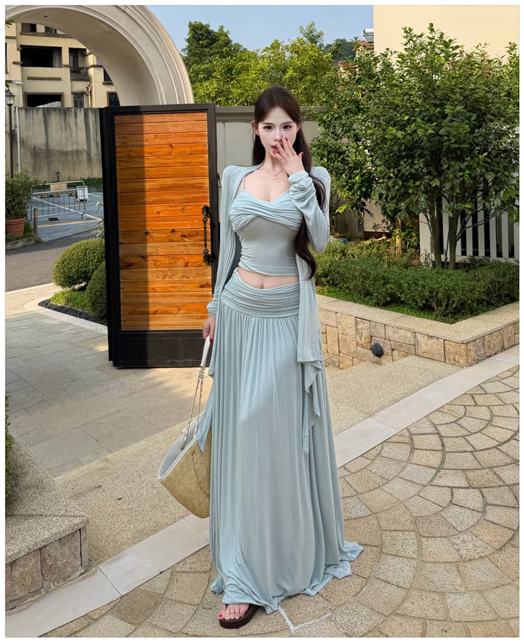 2026 이른 가을 새로운 느긋한 바람 매듭 주름 튜브탑 슬립 자외선 차단 오픈 가디건 반신 스커트 3종 세트 순수한 욕망 상세 이미지 14