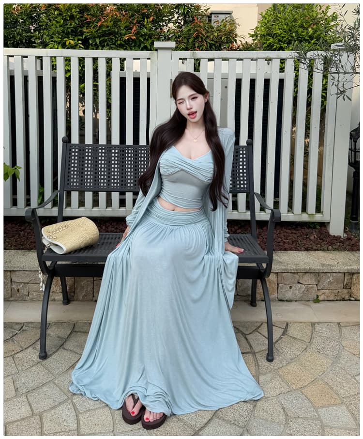2026 이른 가을 새로운 느긋한 바람 매듭 주름 튜브탑 슬립 자외선 차단 오픈 가디건 반신 스커트 3종 세트 순수한 욕망 상세 이미지 15