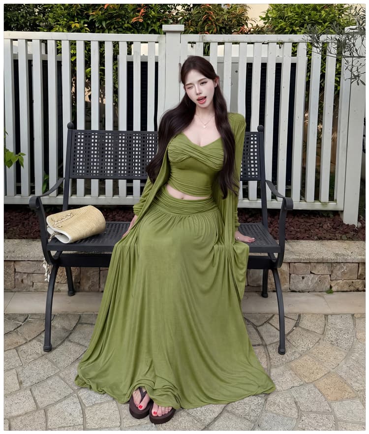 2026 이른 가을 새로운 느긋한 바람 매듭 주름 튜브탑 슬립 자외선 차단 오픈 가디건 반신 스커트 3종 세트 순수한 욕망 상세 이미지 30