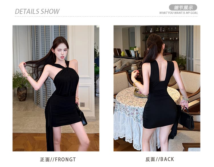 눈부신 순수한 욕망 섹시함 핫걸 천 금빛 바람 품격 검정색 행침 목 허리 수축 리본 슬림해 보이는 타이트 스커트 드레스 상세 이미지 2
