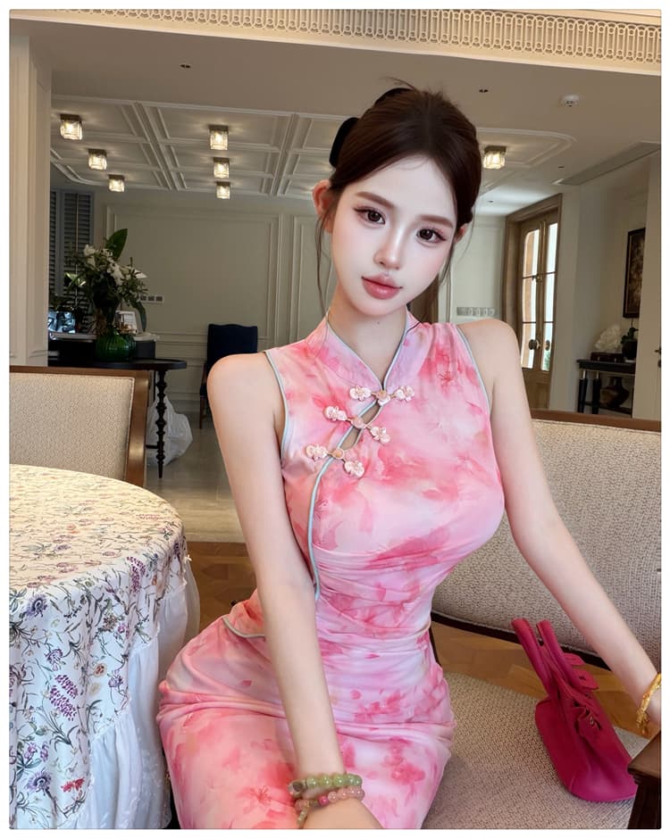 여름 새로운 민소매 몸매 가꾸기 새로운 중식 국풍 허리 수축 펌프 Pleat 개선 치파오 드레스 롱 스커트 고급 센스 여성 상세 이미지 19