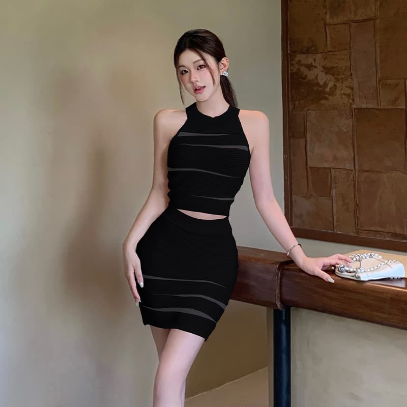 순수한 욕망 바람 실 빈 수리 행침 목 터틀넥 조끼 여성 하이웨이스트 몸매 가꾸기 타이트 스커트 미니 스커트 섹시함 품격 투피스 세트 여름 이미지 5