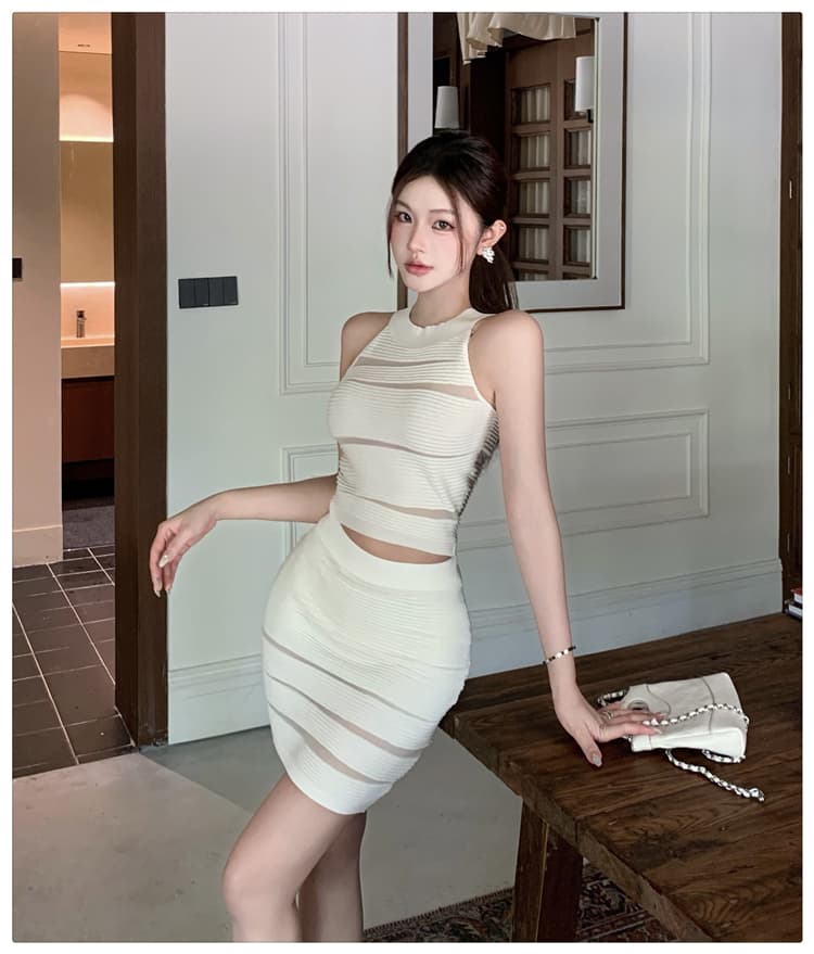 순수한 욕망 바람 실 빈 수리 행침 목 터틀넥 조끼 여성 하이웨이스트 몸매 가꾸기 타이트 스커트 미니 스커트 섹시함 품격 투피스 세트 여름 상세 이미지 16