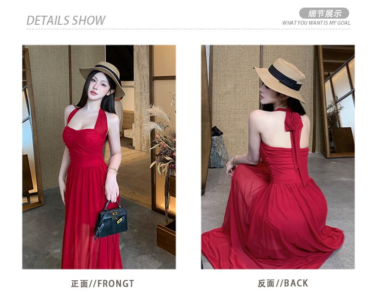섹시함 망사 행침 목 여성 드레스 벨트 가슴 패드 허리 수축 주름 레이스업 행침 목 백리스 롱 스커트 여성 순수한 욕망 바람 여름 상세 이미지 2