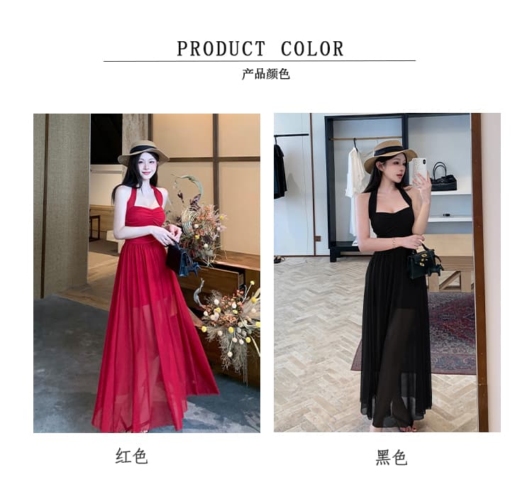 섹시함 망사 행침 목 여성 드레스 벨트 가슴 패드 허리 수축 주름 레이스업 행침 목 백리스 롱 스커트 여성 순수한 욕망 바람 여름 상세 이미지 5
