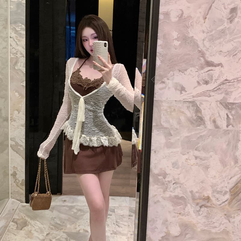 2026 이른 가을 새로운 사실 두 조각 레이스 블라우스 달콤한 매운맛 행침 목 몸매 가꾸기 드레스 미니 스커트 여성 순수한 욕망 디자인 센스 이미지 3