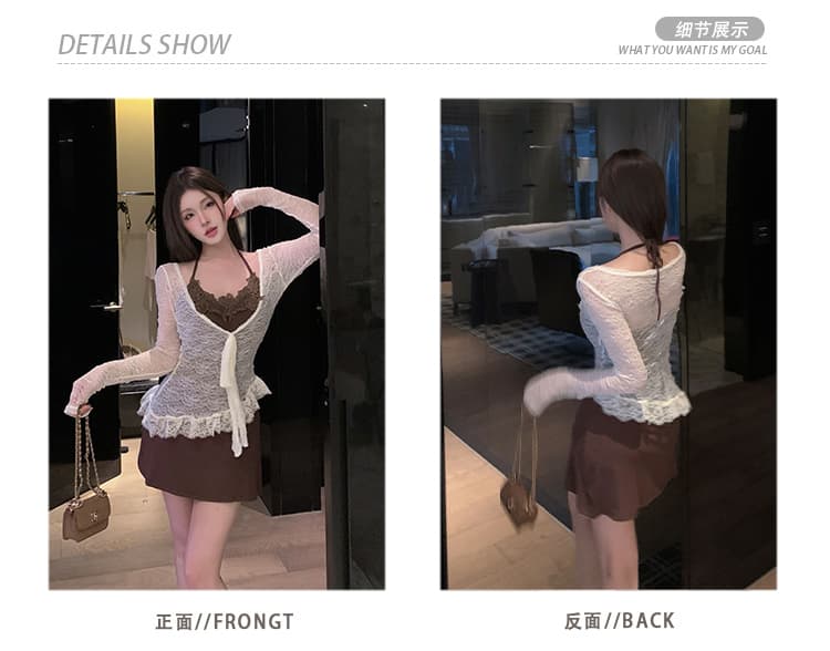 2026 이른 가을 새로운 사실 두 조각 레이스 블라우스 달콤한 매운맛 행침 목 몸매 가꾸기 드레스 미니 스커트 여성 순수한 욕망 디자인 센스 상세 이미지 3