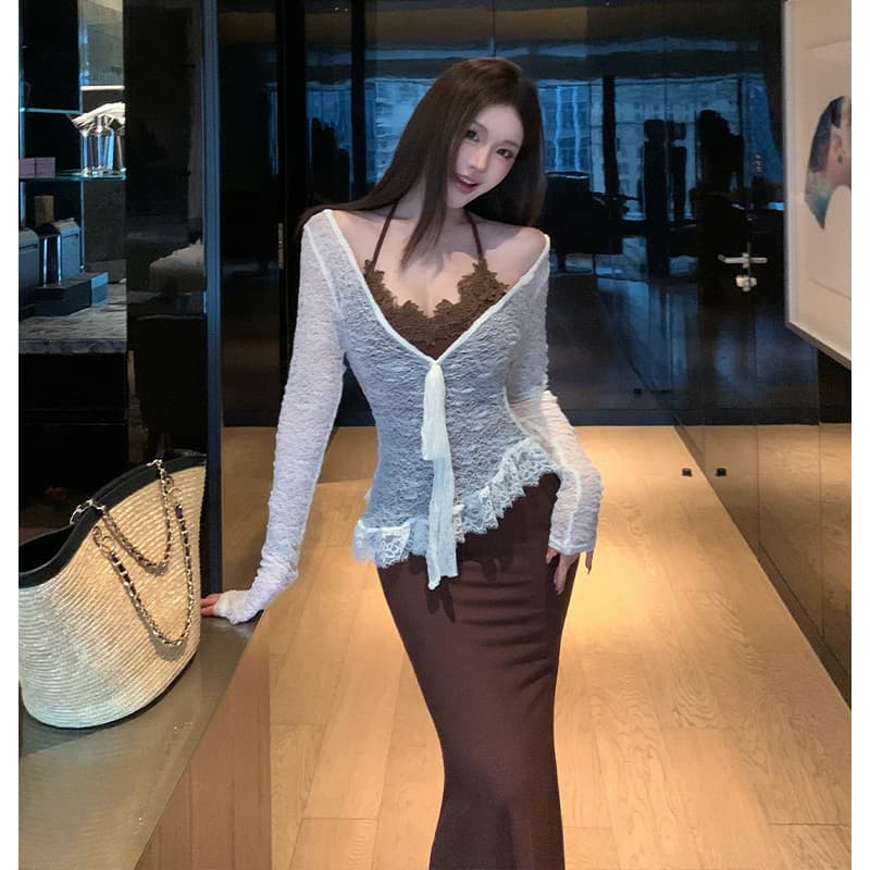 순수한 욕망 핫걸 바람 레이스 조각 슬립 드레스 허리 수축 슬림해 보이는 롱 스커트 여성 긴 소매 자외선 차단 블라우스 투피스 세트 이미지 5