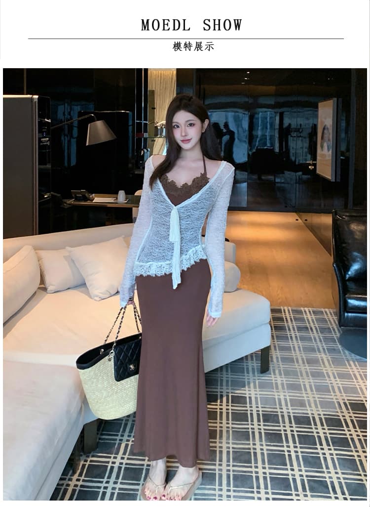 순수한 욕망 핫걸 바람 레이스 조각 슬립 드레스 허리 수축 슬림해 보이는 롱 스커트 여성 긴 소매 자외선 차단 블라우스 투피스 세트 상세 이미지 5