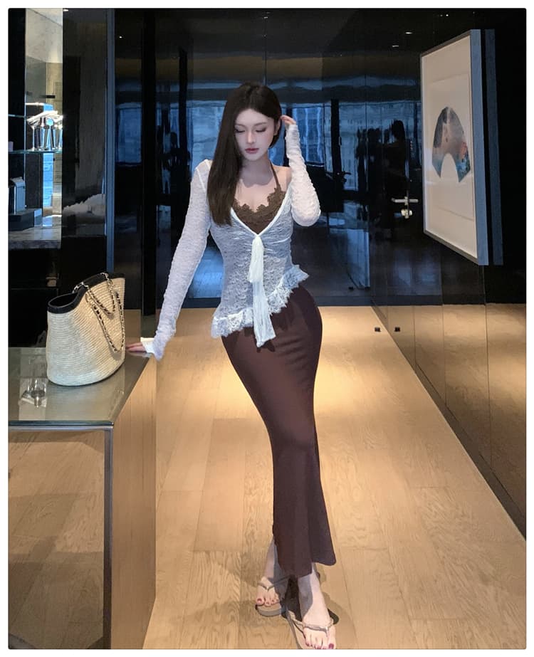 순수한 욕망 핫걸 바람 레이스 조각 슬립 드레스 허리 수축 슬림해 보이는 롱 스커트 여성 긴 소매 자외선 차단 블라우스 투피스 세트 상세 이미지 9