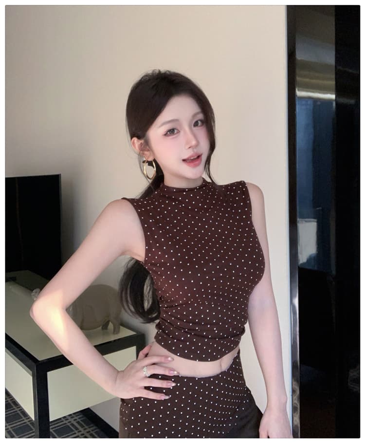 2026 이른 가을 새로운 아메리칸 핫걸 세트 여성 슬림해 보이는 도트 무늬 민소매 맨위 패치워크 와이드 레그 팬츠 투피스 세트 상세 이미지 10