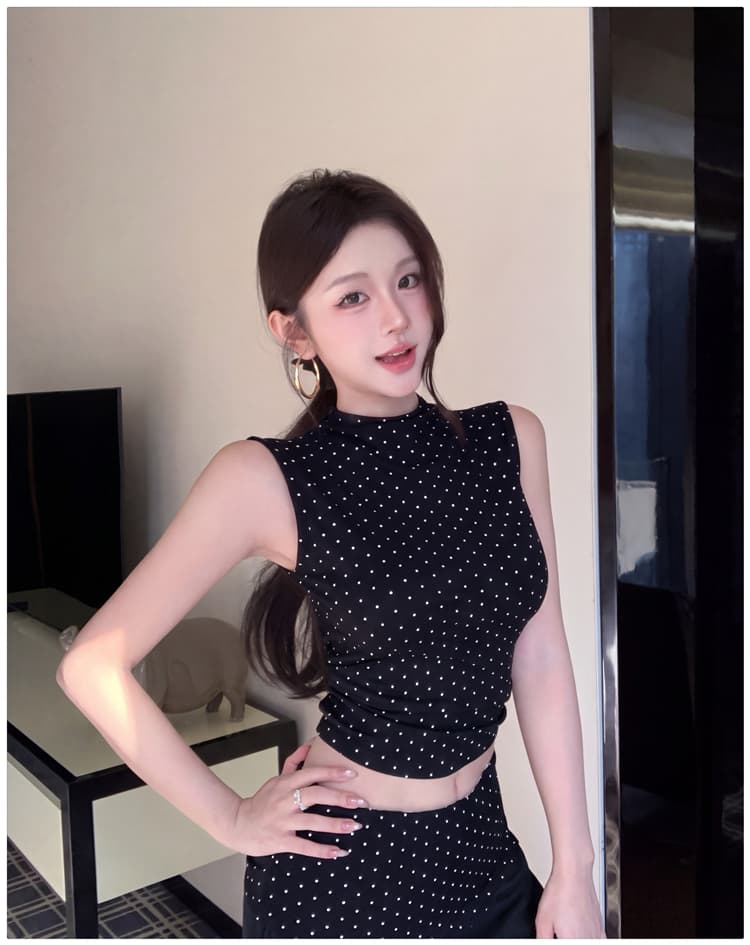 2026 이른 가을 새로운 아메리칸 핫걸 세트 여성 슬림해 보이는 도트 무늬 민소매 맨위 패치워크 와이드 레그 팬츠 투피스 세트 상세 이미지 20