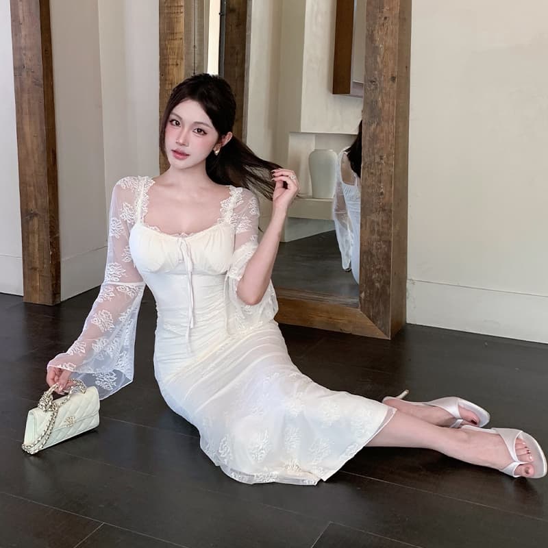 2026 가을 새로운 프랑스식 섹시함 레이스 나팔 소매 슬림해 보이는 긴팔 여성 드레스 품격 슈퍼 요정 인어 꼬리 스커트 이미지 5