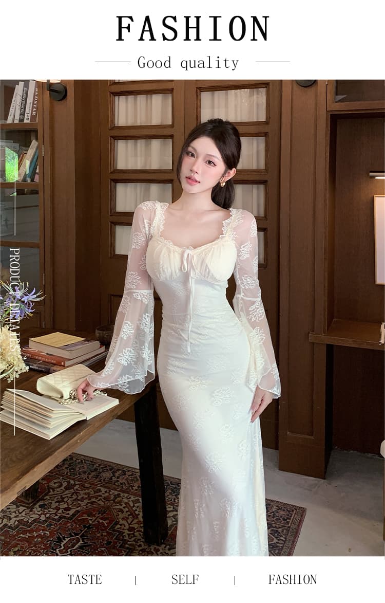 2026 가을 새로운 프랑스식 섹시함 레이스 나팔 소매 슬림해 보이는 긴팔 여성 드레스 품격 슈퍼 요정 인어 꼬리 스커트 상세 이미지 1