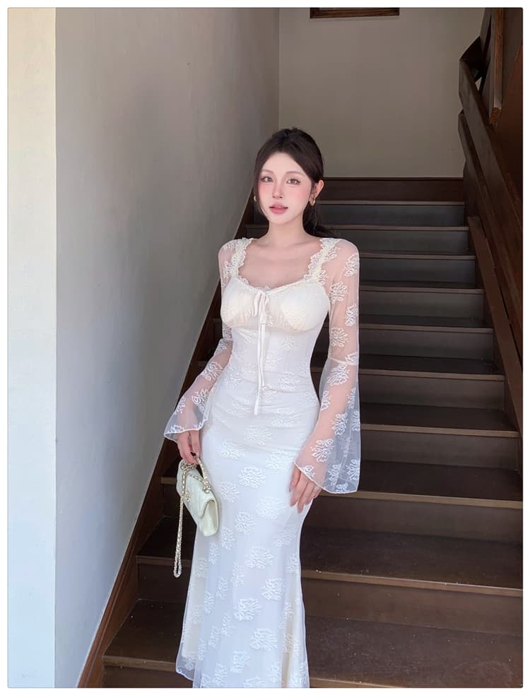 2026 가을 새로운 프랑스식 섹시함 레이스 나팔 소매 슬림해 보이는 긴팔 여성 드레스 품격 슈퍼 요정 인어 꼬리 스커트 상세 이미지 10