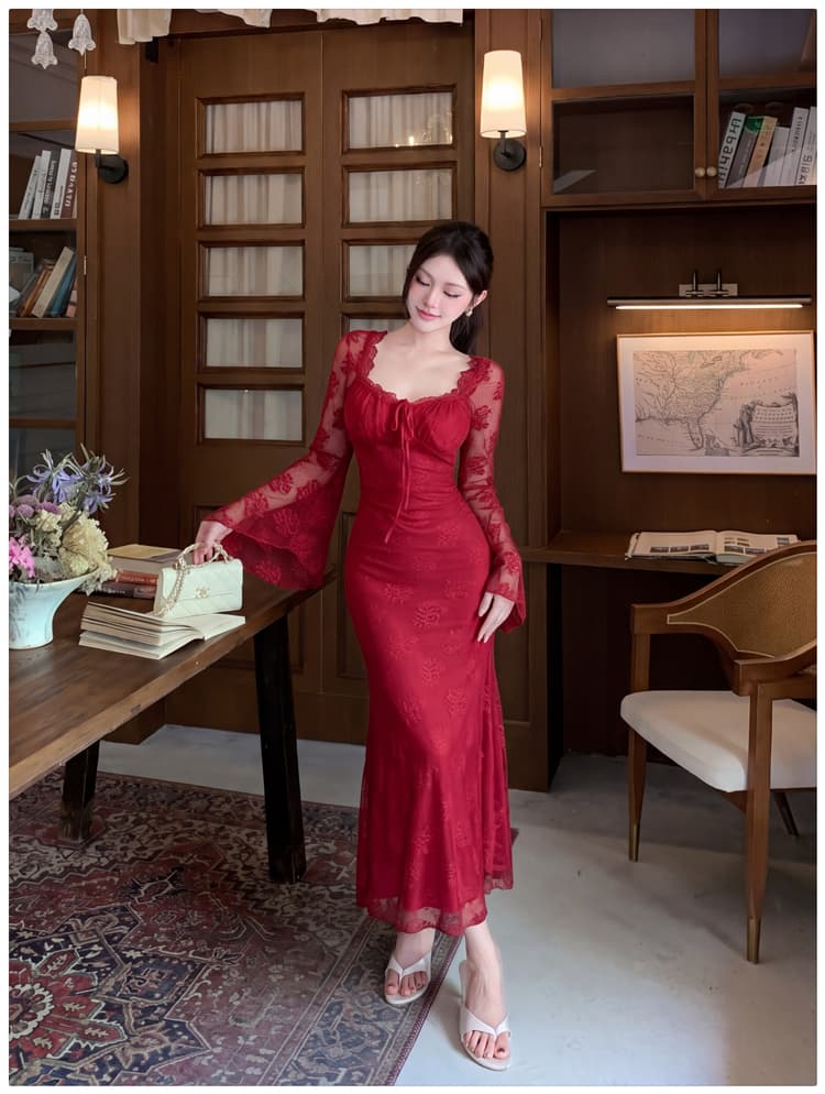 2026 가을 새로운 프랑스식 섹시함 레이스 나팔 소매 슬림해 보이는 긴팔 여성 드레스 품격 슈퍼 요정 인어 꼬리 스커트 상세 이미지 22