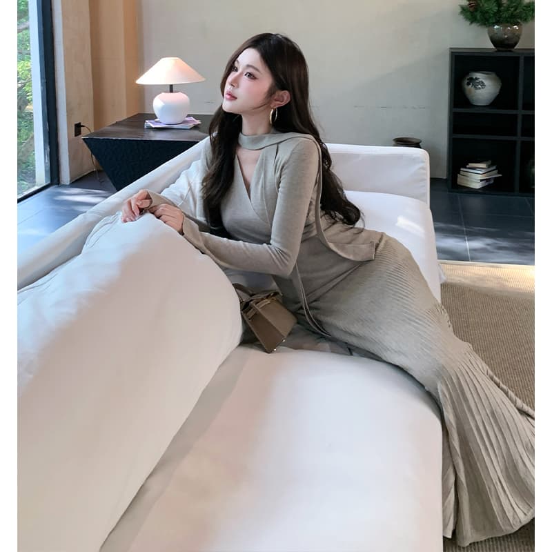 부드러운 안개 아름다움 양모 리본 V넥 니트 스웨터 여성 가을 겨울 새로운 인사이드 가져 가라. 플리츠 반신 스웨터 드레스 투피스 세트 이미지 5