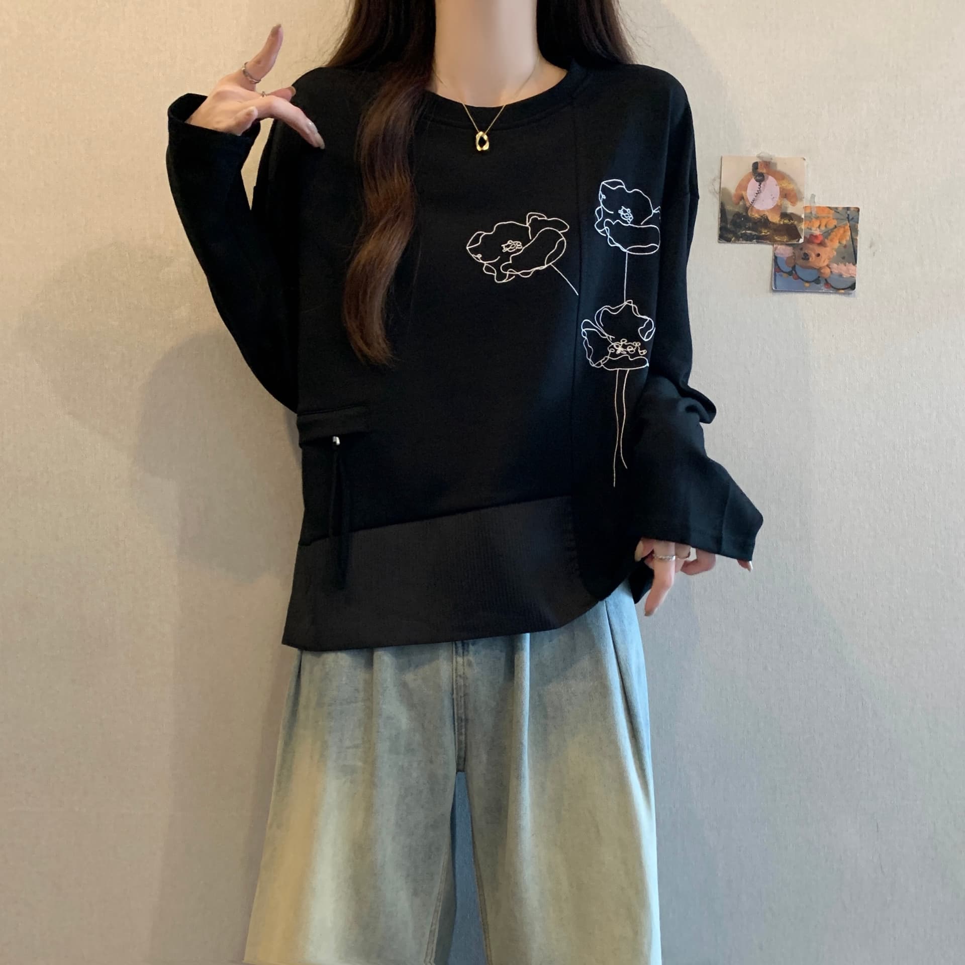 캐주얼 느긋한 바람 꽃 자수 후드티 여성 2026 봄 새로운 루즈핏 슬림해 보이는 표지 배 빅 사이즈 마이크로 지방 맨위 상세 이미지 7