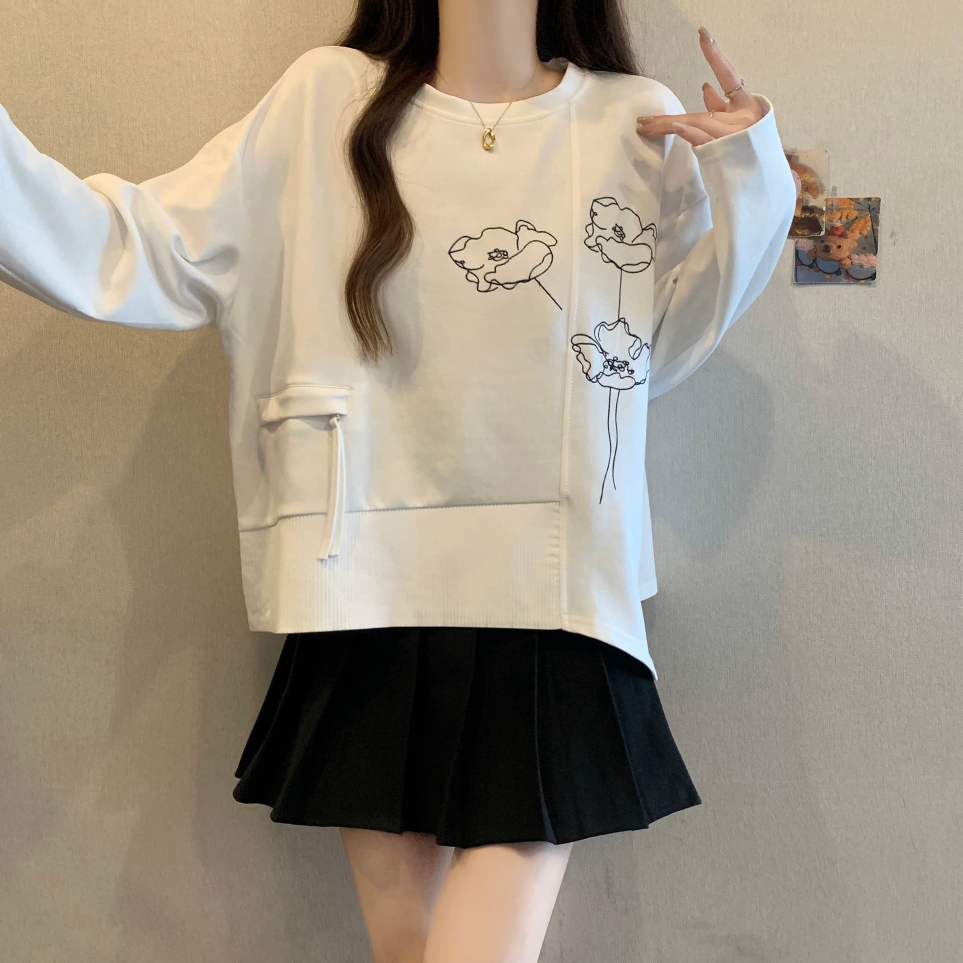 캐주얼 느긋한 바람 꽃 자수 후드티 여성 2026 봄 새로운 루즈핏 슬림해 보이는 표지 배 빅 사이즈 마이크로 지방 맨위 상세 이미지 10