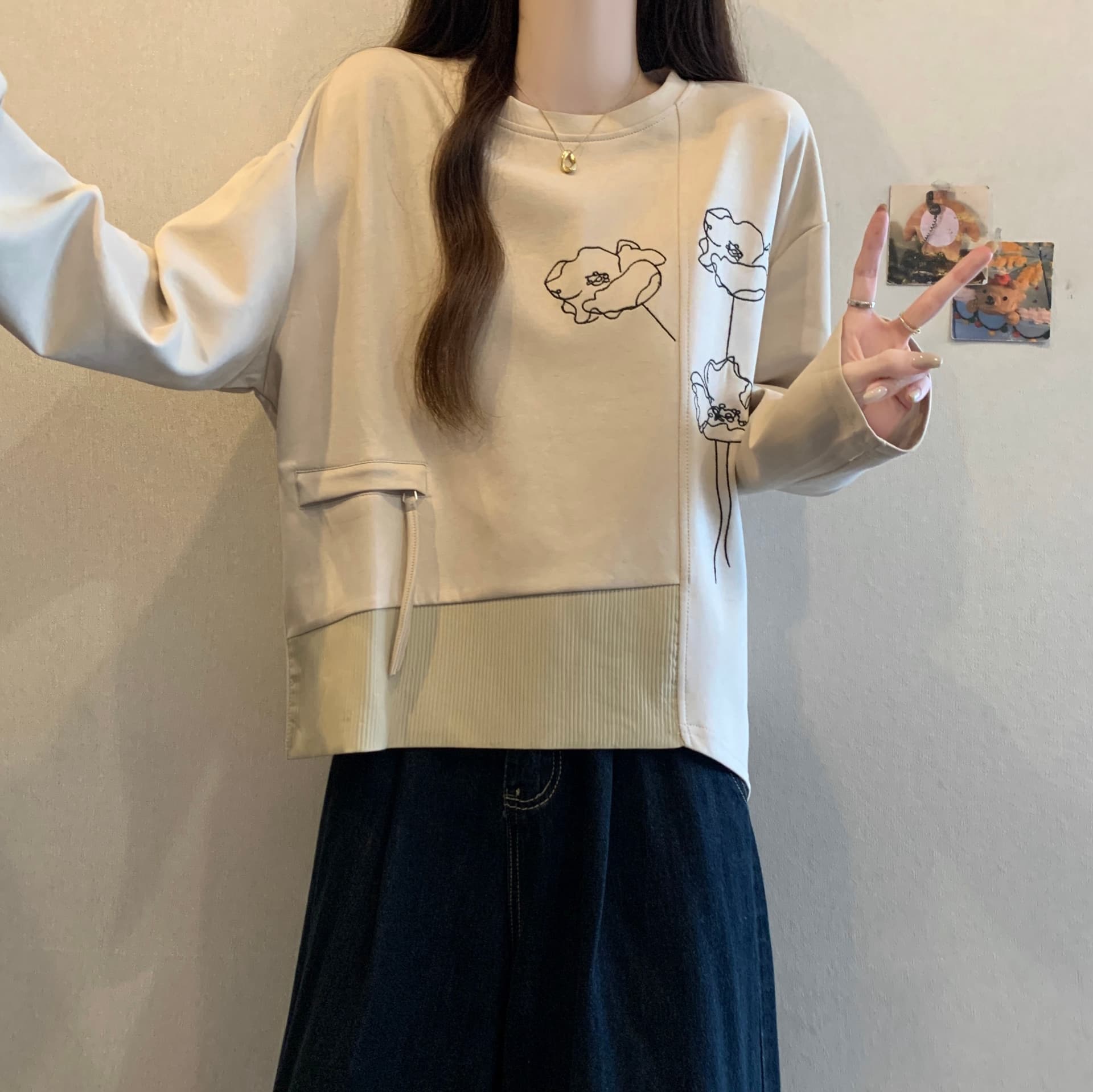 캐주얼 느긋한 바람 꽃 자수 후드티 여성 2026 봄 새로운 루즈핏 슬림해 보이는 표지 배 빅 사이즈 마이크로 지방 맨위 상세 이미지 13