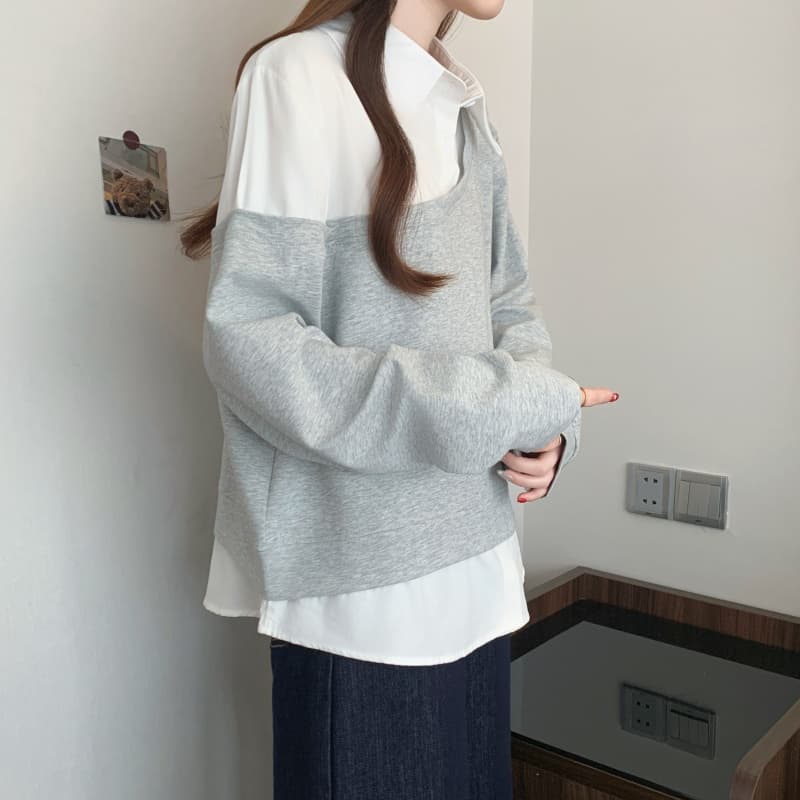 페이크 레이어드 POLO 칼라 긍정적 인 어깨 긴팔 후드티 여성 2026 이른 봄 새로운 빅 사이즈 지방 mm 루즈핏 표지 배 맨위 상세 이미지 10