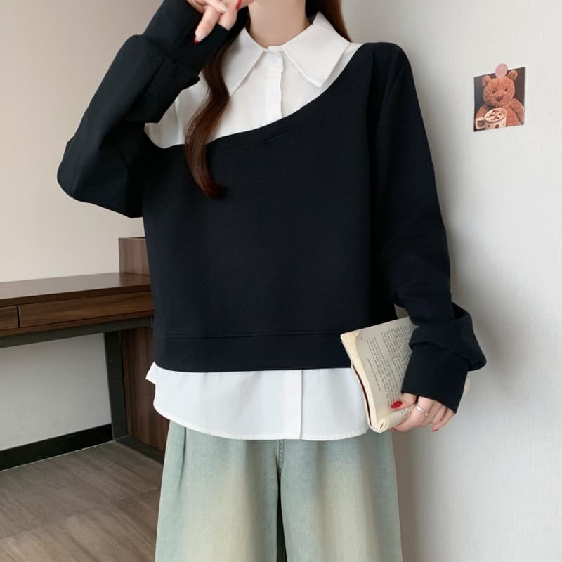 페이크 레이어드 POLO 칼라 긍정적 인 어깨 긴팔 후드티 여성 2026 이른 봄 새로운 빅 사이즈 지방 mm 루즈핏 표지 배 맨위 상세 이미지 13