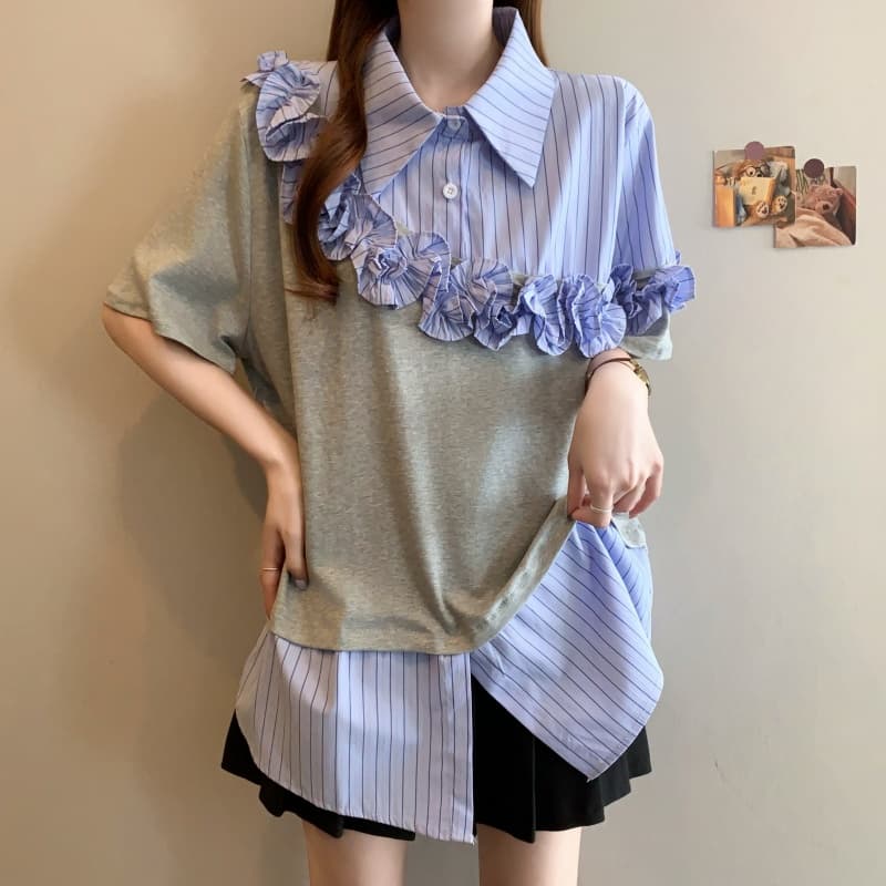 빅 사이즈 프릴 페이크 레이어드 스트라이프 반팔 여성 셔츠 여름 지방 mm 루즈핏 표지 배 슬림해 보이는 다용도 맨위 이미지 6