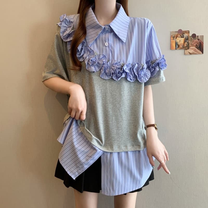 빅 사이즈 프릴 페이크 레이어드 스트라이프 반팔 여성 셔츠 여름 지방 mm 루즈핏 표지 배 슬림해 보이는 다용도 맨위 상세 이미지 6