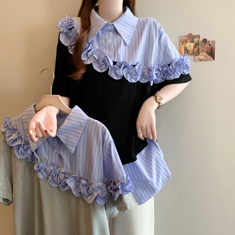 빅 사이즈 프릴 페이크 레이어드 스트라이프 반팔 여성 셔츠 여름 지방 mm 루즈핏 표지 배 슬림해 보이는 다용도 맨위 상세 이미지 9