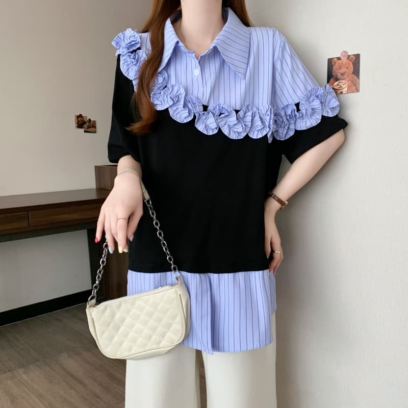 빅 사이즈 프릴 페이크 레이어드 스트라이프 반팔 여성 셔츠 여름 지방 mm 루즈핏 표지 배 슬림해 보이는 다용도 맨위 상세 이미지 12