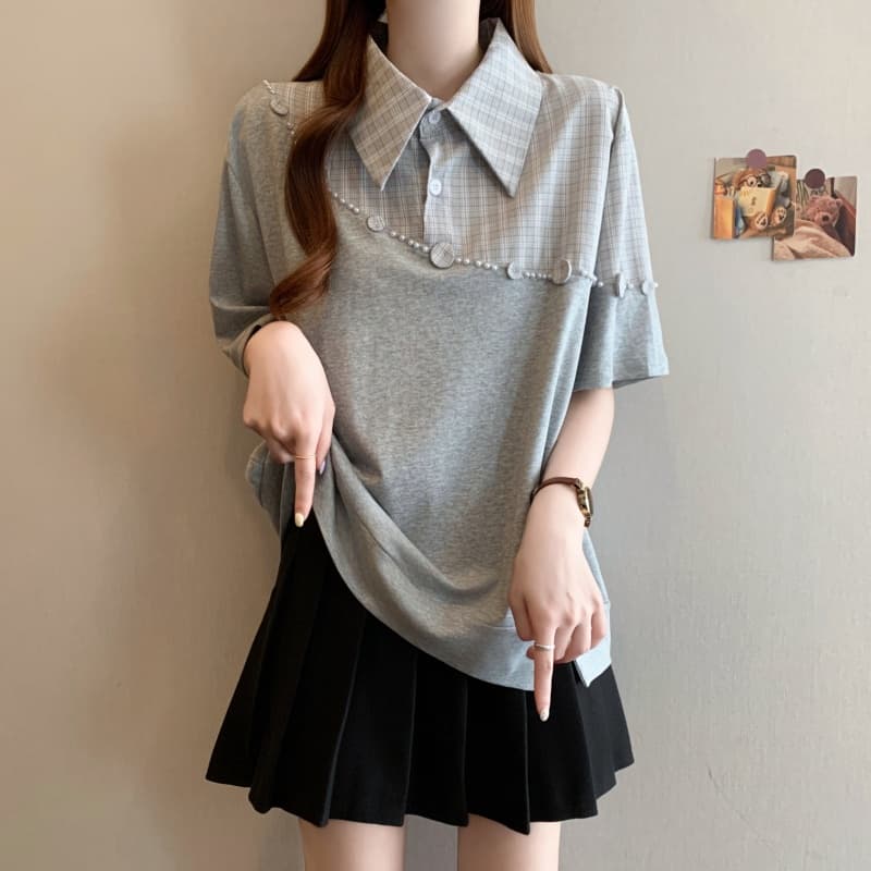빅 사이즈 페이크 레이어드 체크무늬 셔츠 칼라 반팔 티셔츠 여성 여름 지방 mm 루즈핏 표지 배 슬림해 보이는 다용도 맨위 상세 이미지 8