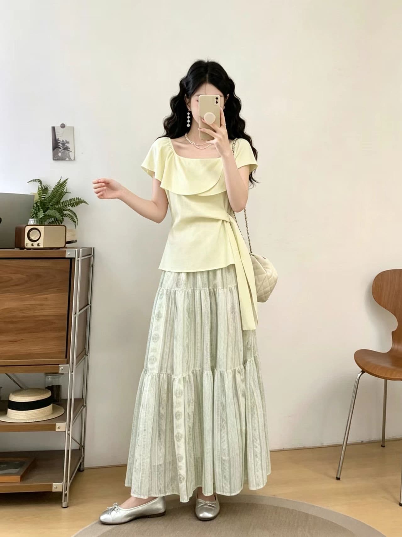 빅 사이즈 프랑스식 부드러운 오프숄더 프릴 레이스 업 셔츠 여성 의류 여름 새로운 지방 mm 캐주얼 반신 스커트 투피스 세트 상세 이미지 6