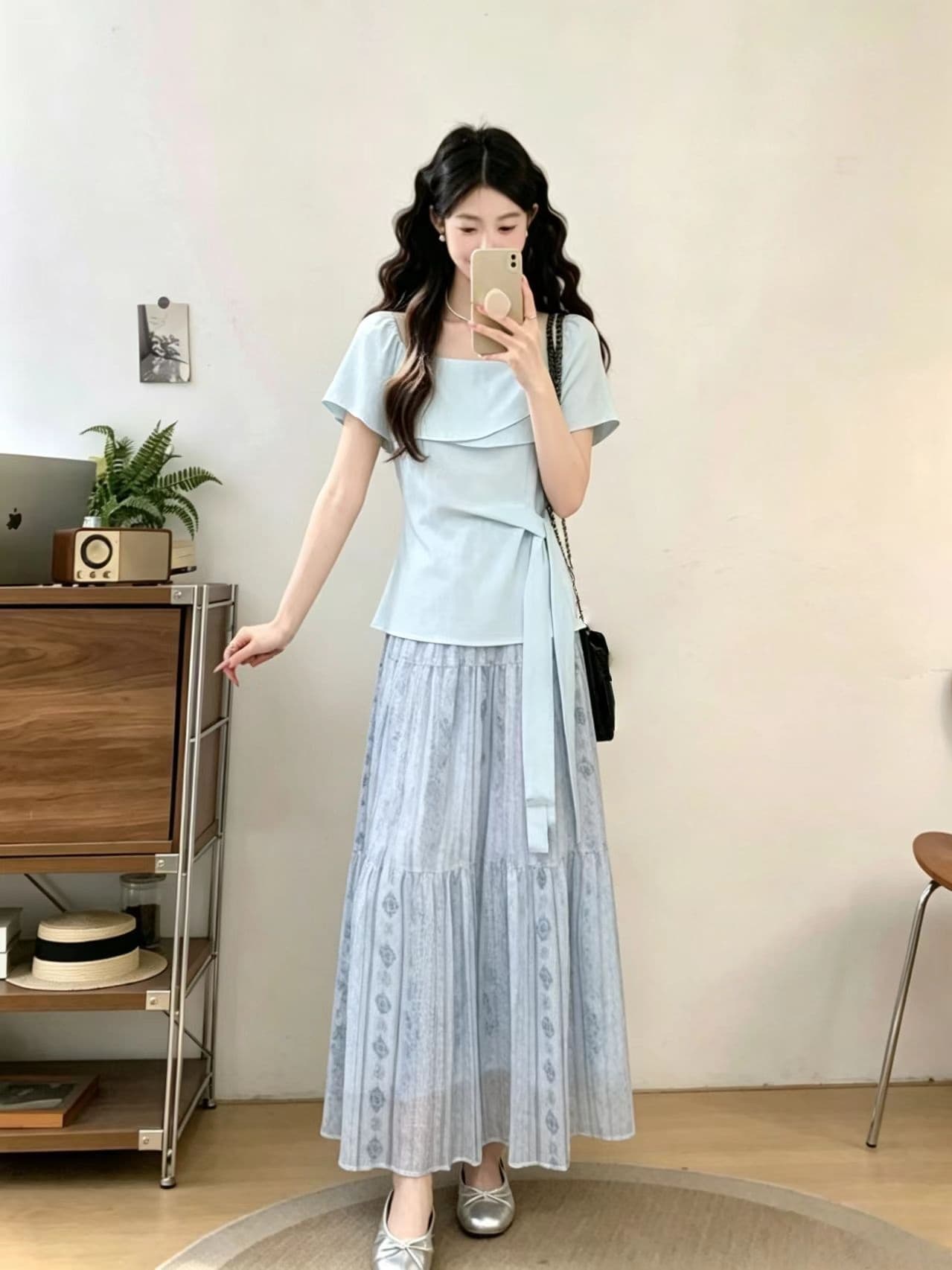 빅 사이즈 프랑스식 부드러운 오프숄더 프릴 레이스 업 셔츠 여성 의류 여름 새로운 지방 mm 캐주얼 반신 스커트 투피스 세트 상세 이미지 8