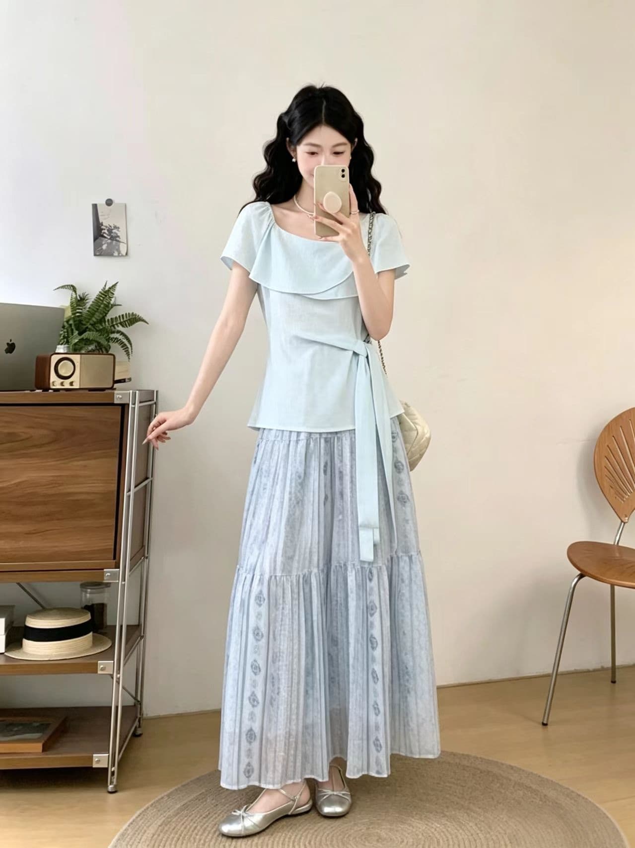 빅 사이즈 프랑스식 부드러운 오프숄더 프릴 레이스 업 셔츠 여성 의류 여름 새로운 지방 mm 캐주얼 반신 스커트 투피스 세트 상세 이미지 9