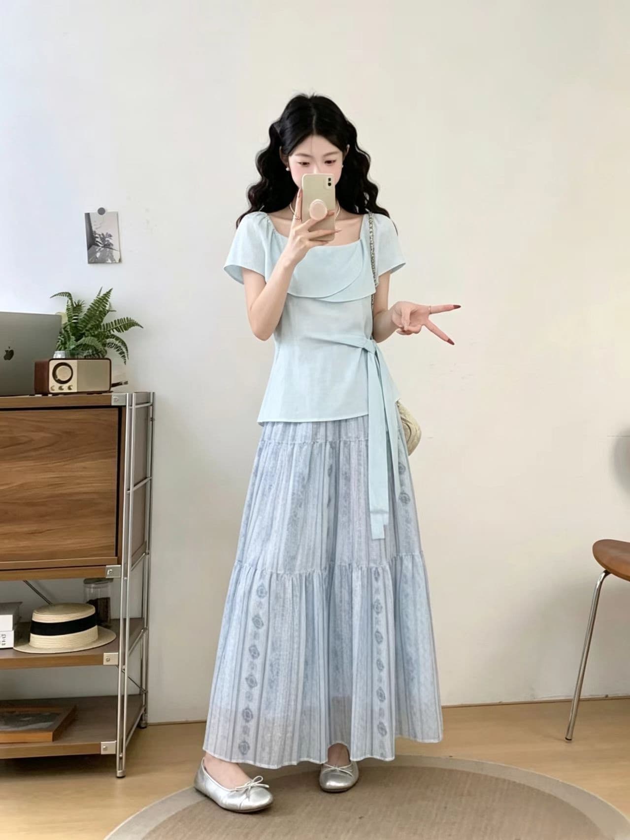 빅 사이즈 프랑스식 부드러운 오프숄더 프릴 레이스 업 셔츠 여성 의류 여름 새로운 지방 mm 캐주얼 반신 스커트 투피스 세트 상세 이미지 10