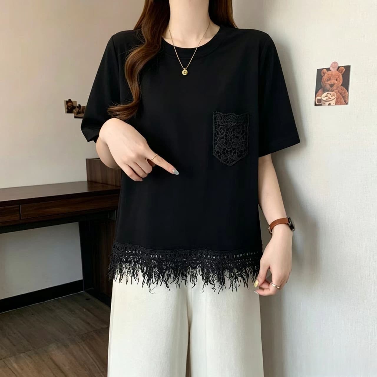 빅 사이즈 디자인 센스 레이스 조각 홀로우 아웃 반팔 티셔츠 여성 여름 지방 mm 루즈핏 표지 배 고유 한 아름다운 맨위 상세 이미지 3