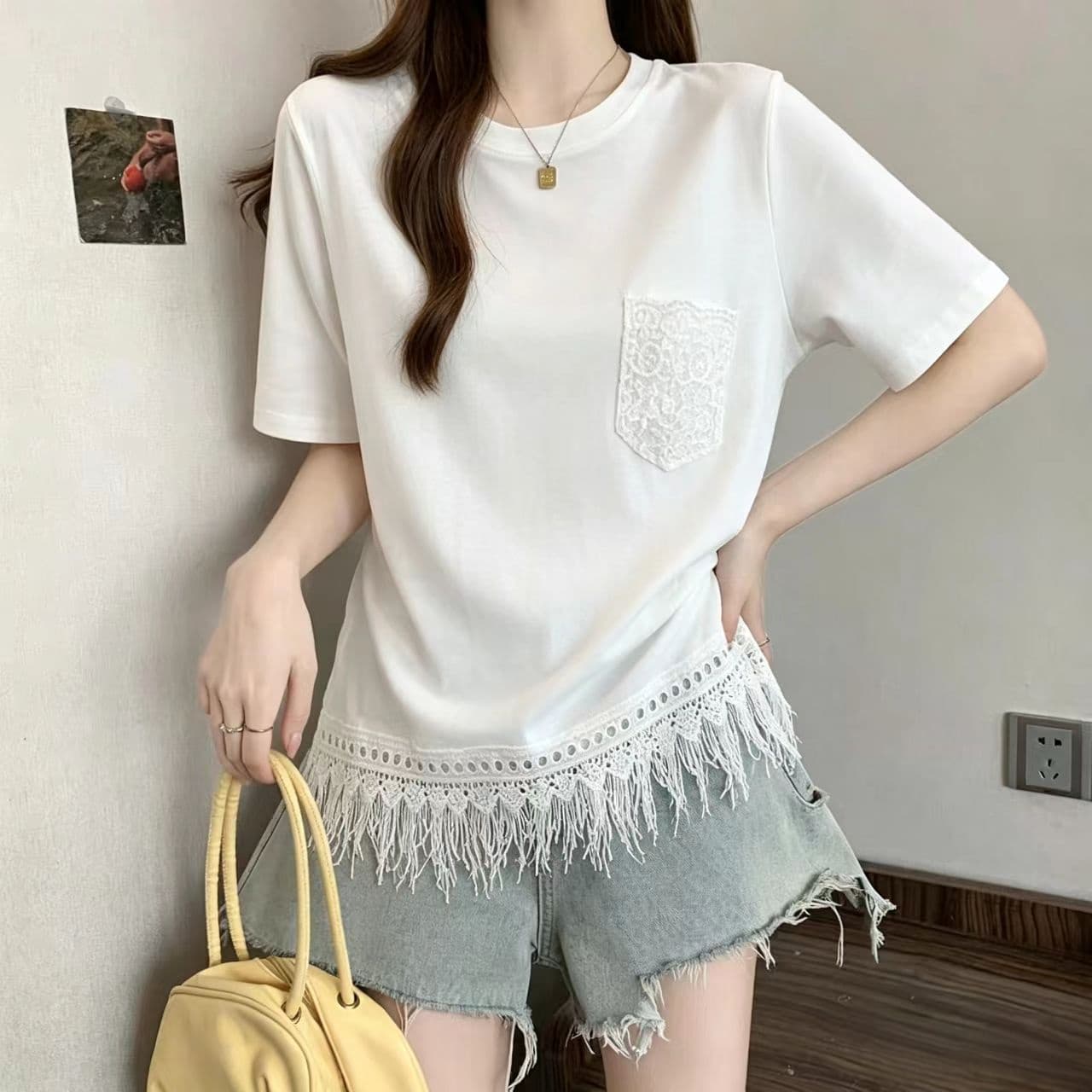 빅 사이즈 디자인 센스 레이스 조각 홀로우 아웃 반팔 티셔츠 여성 여름 지방 mm 루즈핏 표지 배 고유 한 아름다운 맨위 상세 이미지 7