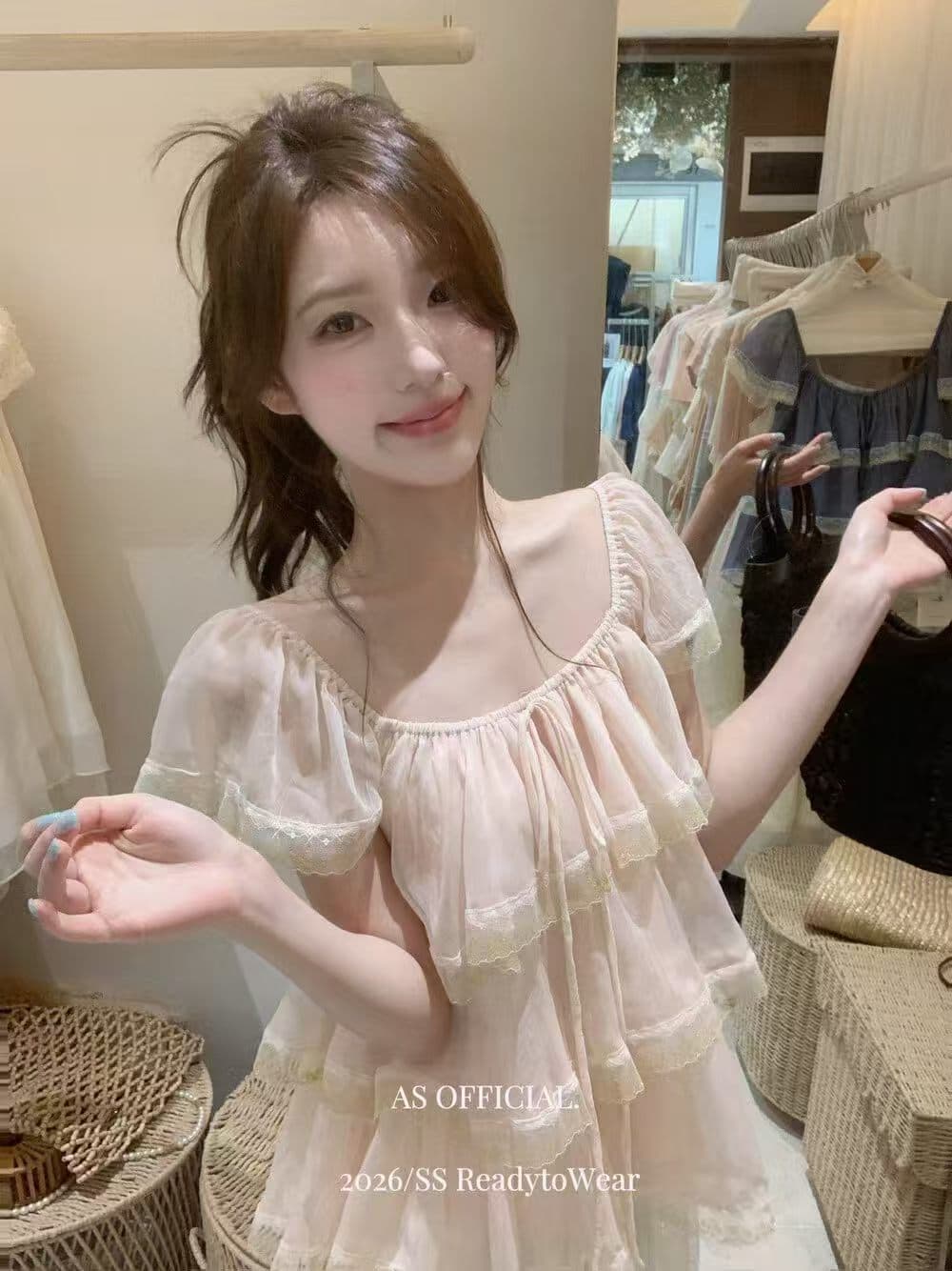 한 스타일 달콤함 프릴 레이스 조각 시폰 셔츠 여성 여름 반팔 파란색 케이크 실 Chic 맨위 작은 셔츠 상세 이미지 26