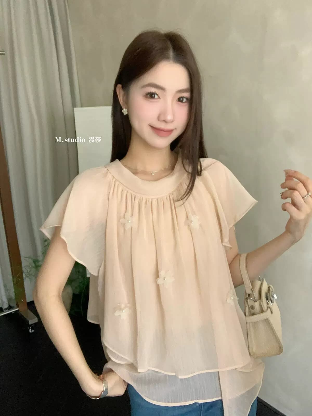 여름 부드러운 바람 3 차원 꽃 날다 소매 시폰 셔츠 여성 불규칙 떠 다니는 요정 가스 펄럭 이는 루즈핏 디스플레이 맨위 상세 이미지 8